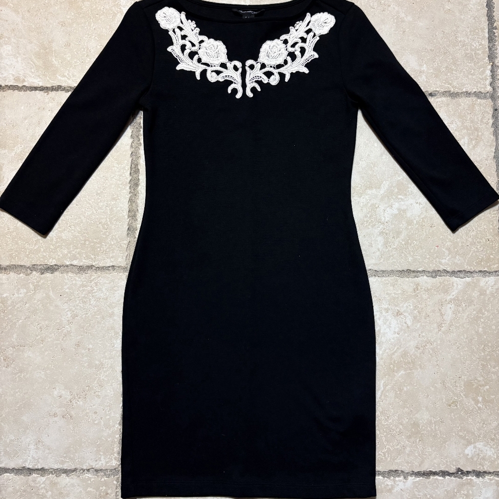Forever 21 Black Stretch Knit Dress With White Embroidered Lace Neck Women's Sm